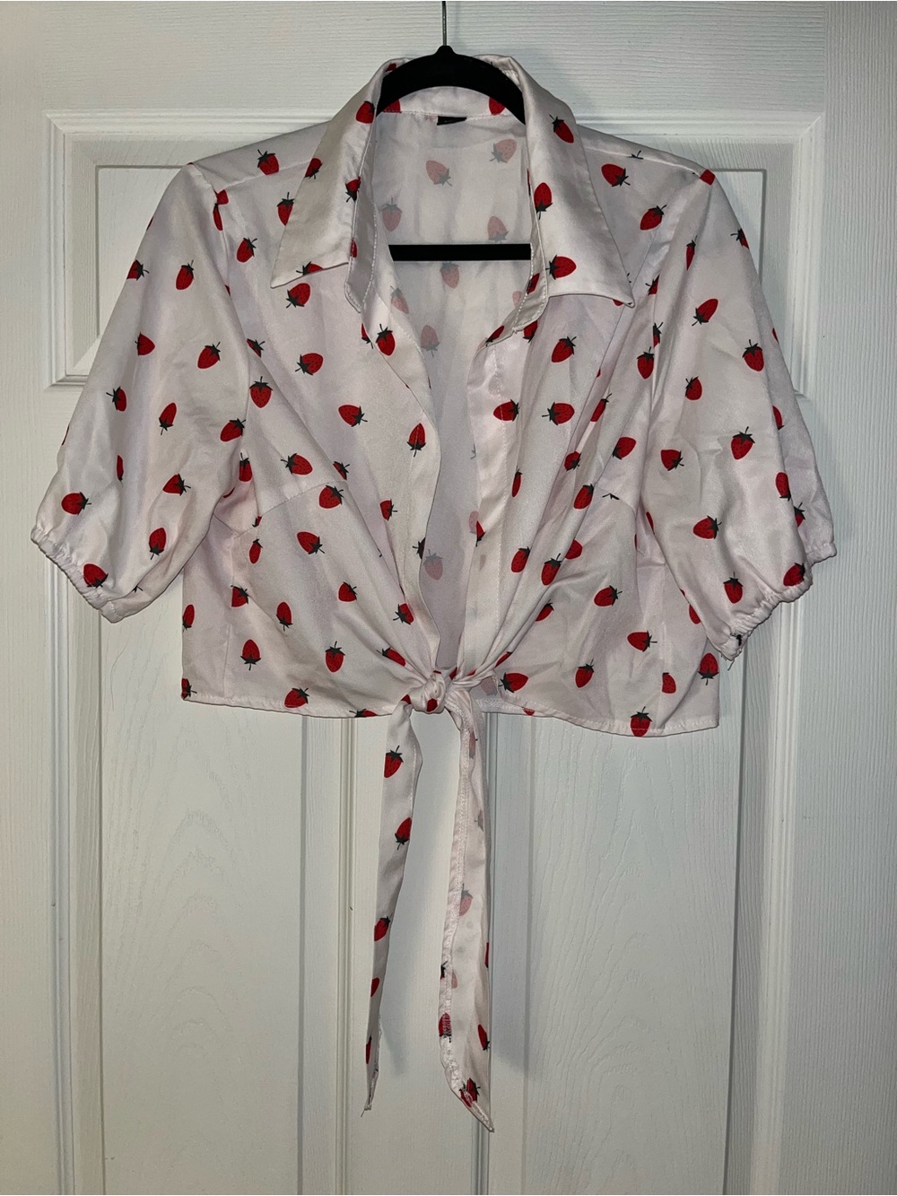 1XL Cropped Tie-Front Short Sleeve Strawberry Print Blouse - Light Pink & Red
